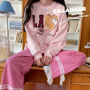 小熊家睡衣女秋季可爱卡通字母甜美蕾丝花边圆点家居服套装可外穿