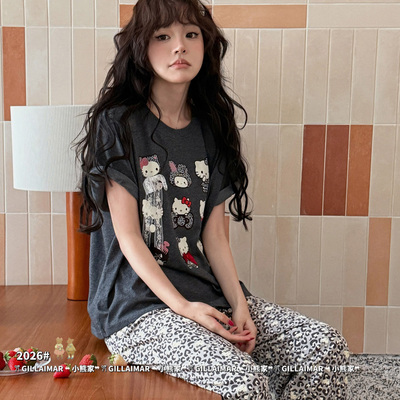 Gill Aimar小熊家睡衣女短袖长裤家居服套装豹纹薄款2026夏季新款