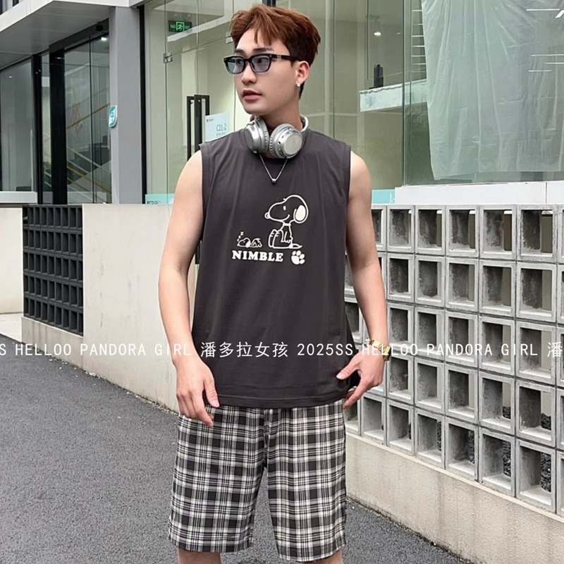 2025新款男士睡衣夏季薄款纯棉无袖史努比宽松家居服短裤套装6633