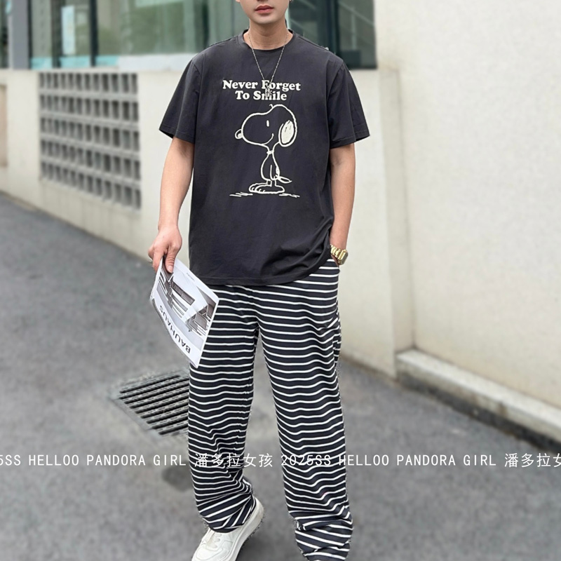 潘多拉女孩卡通史努比条纹家居服