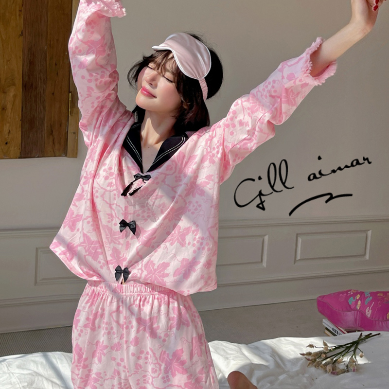 小熊家中国风流苏蝴蝶结睡衣套装