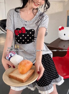 Gill小熊家睡衣女款夏季短袖甜美花边波点短裤KT猫家居服套装8607