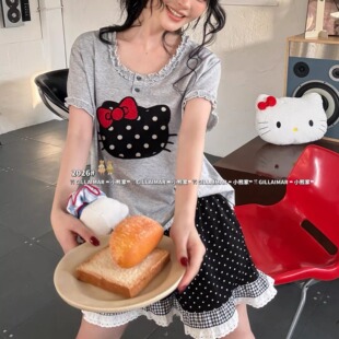 Gill小熊家睡衣女款夏季短袖甜美花边波点短裤KT猫家居服套装8607
