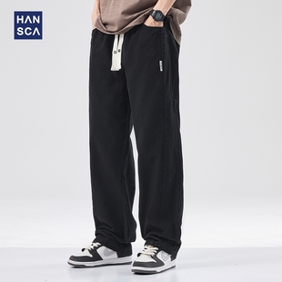 新款 hansca美式 男夏季 子 抽绳直筒牛仔裤 潮牌复古水洗宽松垂感长裤
