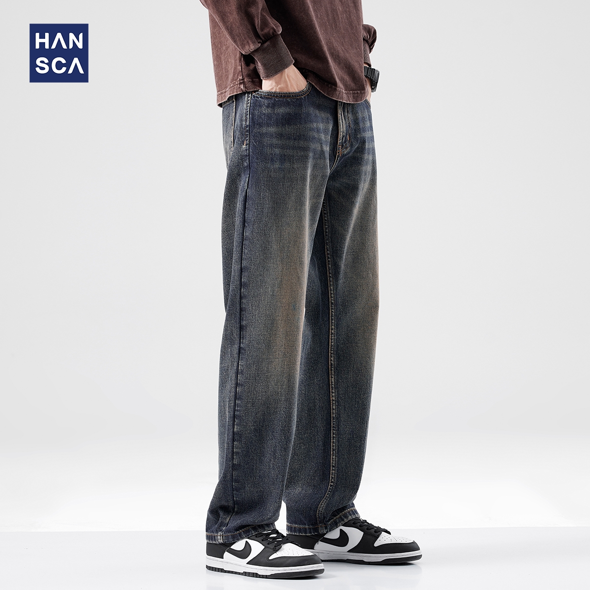 hansca美式复古直筒牛仔裤男秋季