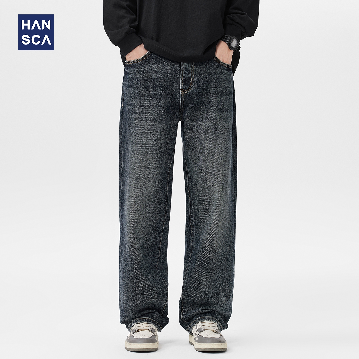 美式复古宽松直筒牛仔裤男