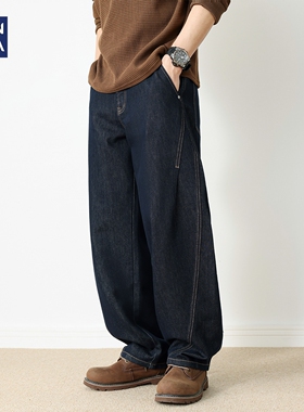 hansca莱赛尔牛仔裤男款2025秋季美式原色直筒宽松加绒加厚弯刀裤