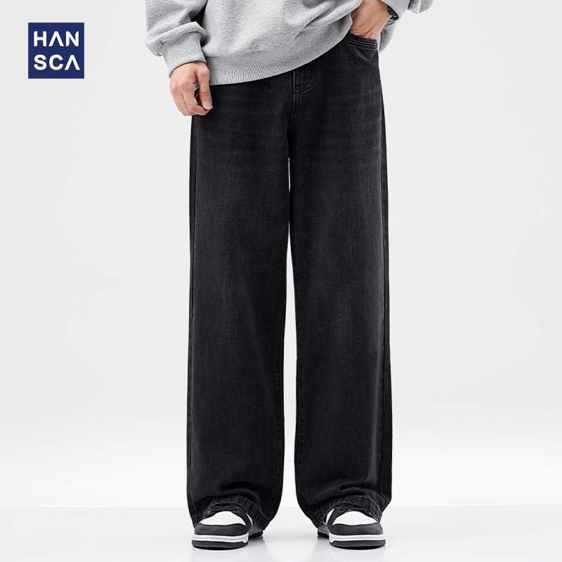 hansca黑色直筒牛仔裤男秋季新款