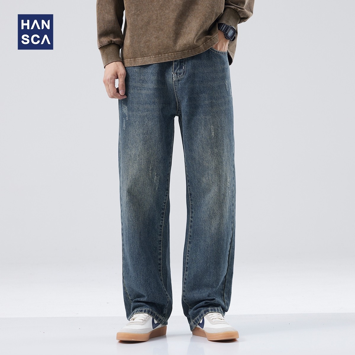 蓝色水洗牛仔裤男秋季复古潮牌