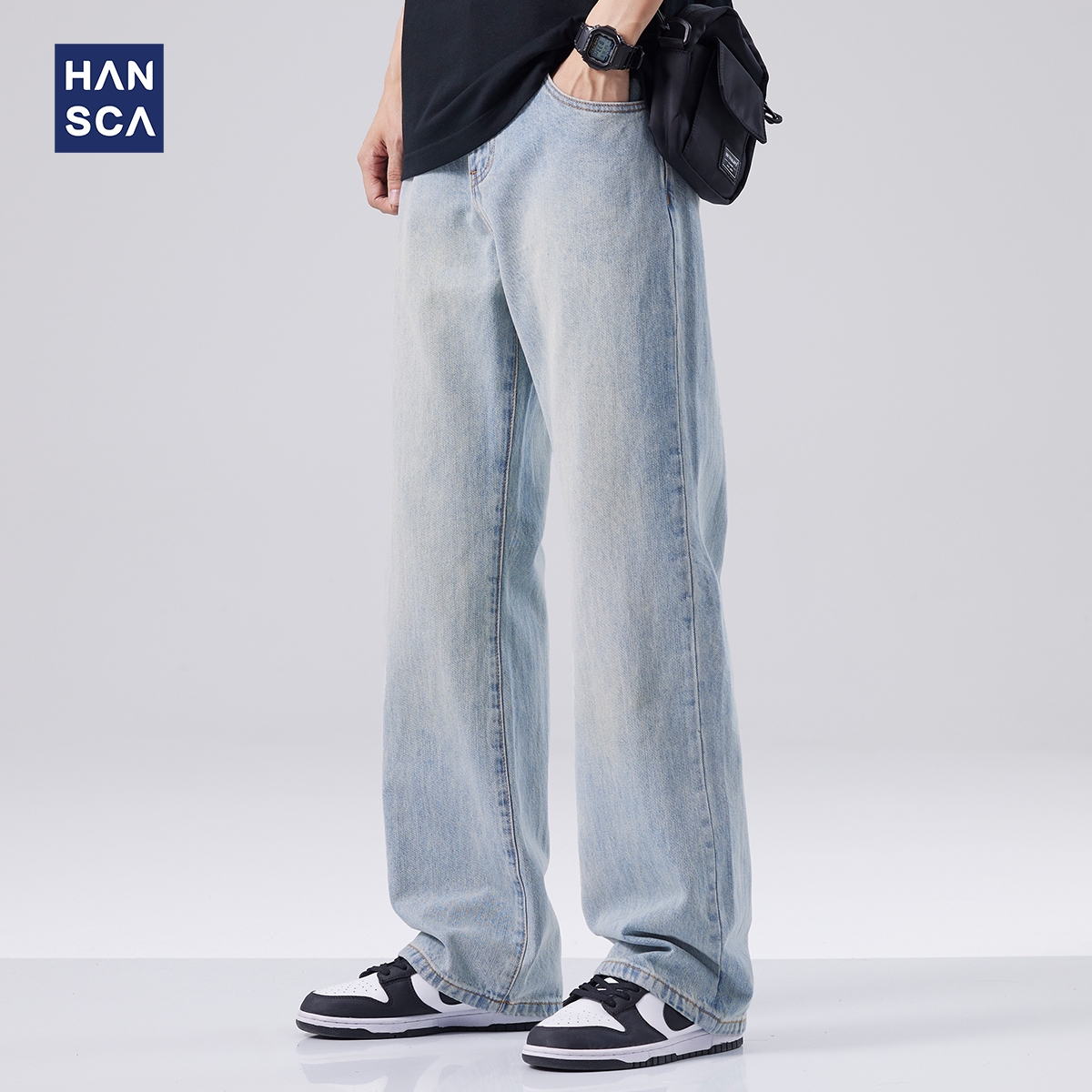 hansca茶染蓝直筒牛仔裤男春季新