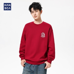 hansca350g重磅加绒保暖卫衣男士2025冬季宽松圆领印花内搭打底衫