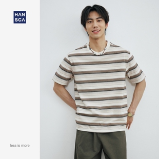 hansca280g重磅条纹圆领短袖 复古撞色宽松百搭休闲上衣 t恤男夏季