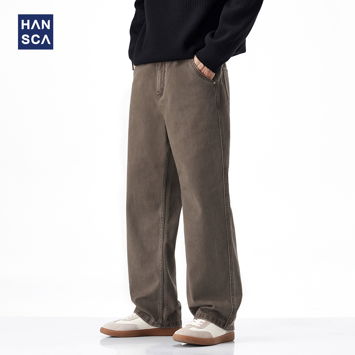 hansca纯棉斜纹宽松直筒休闲裤男