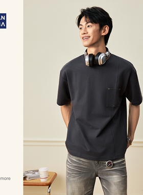 hansca重磅230g黑色圆领短袖t恤男士春夏款宽松铆钉拼接休闲上衣