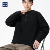 针织衫 hansca重磅660g黑色毛衣男2025新款 亨利领宽松百搭休闲长袖
