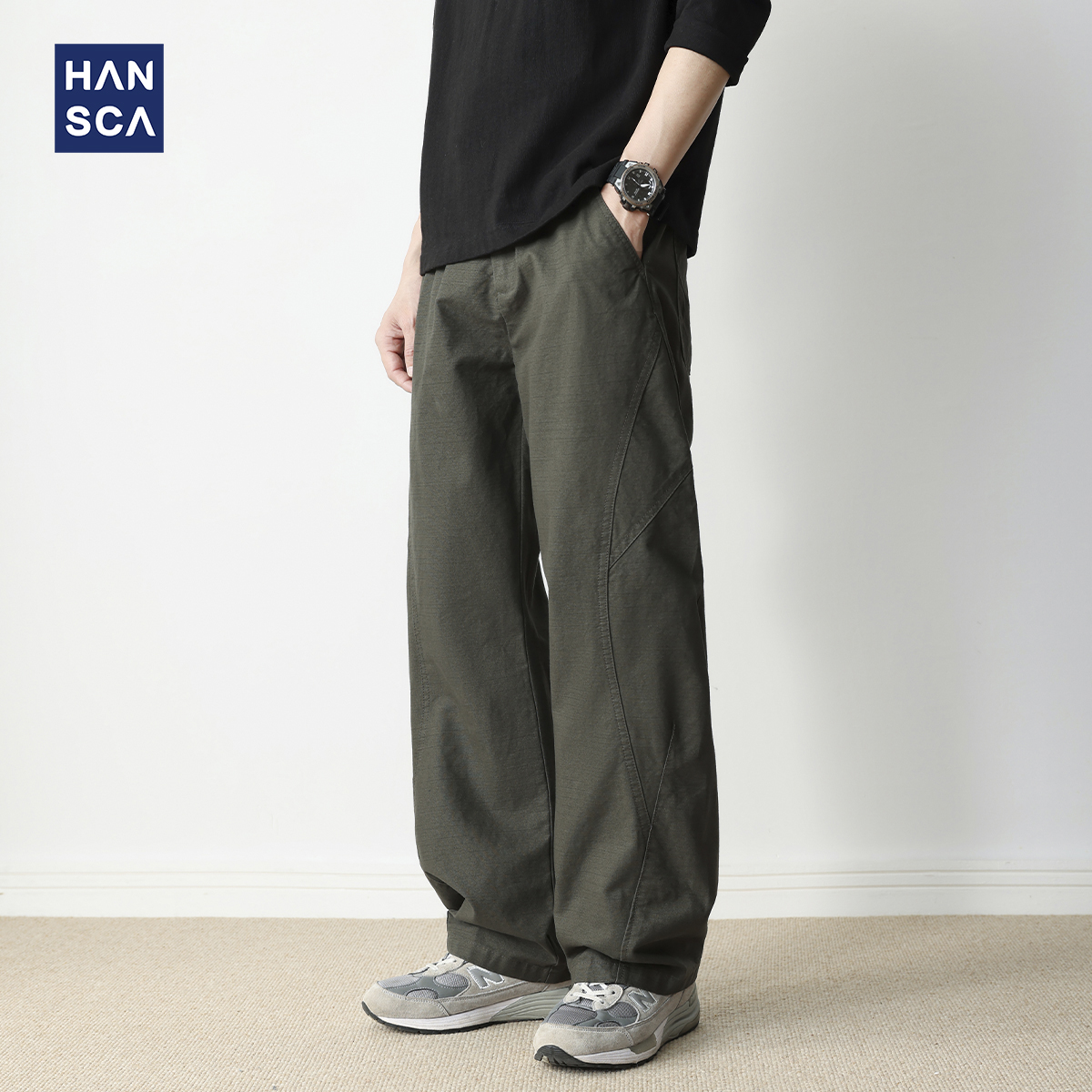 hansca格纹肌理复古军绿休闲裤男