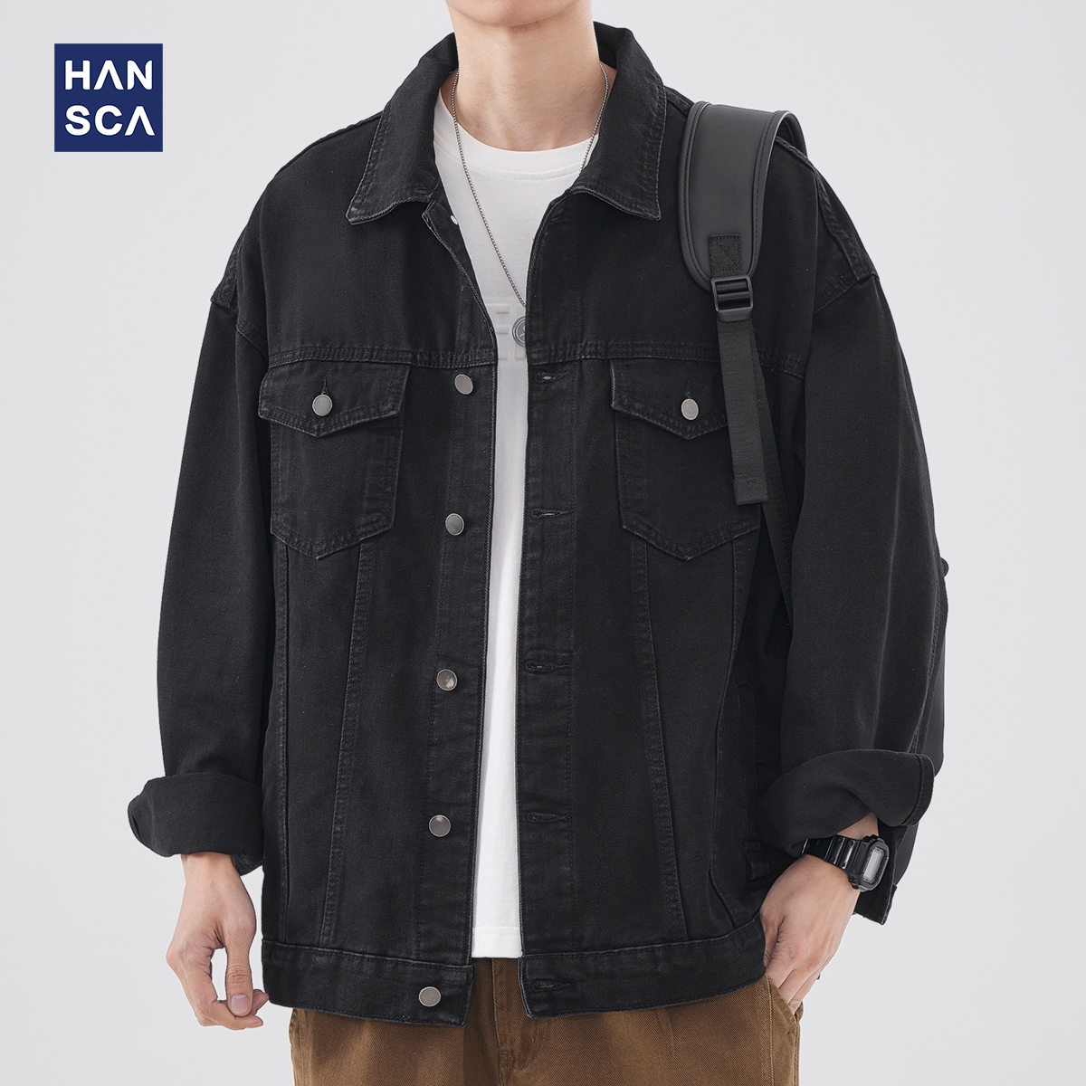 hansca美式工装翻领牛仔外套男春