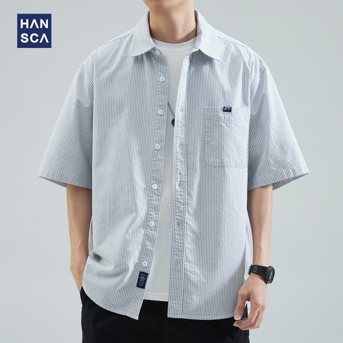 hansca夏季竖条纹短袖衬衫男重磅衬衫纯棉百搭半袖宽松休闲 外套