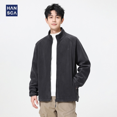 hansca深灰色美式刺绣卫衣男加绒