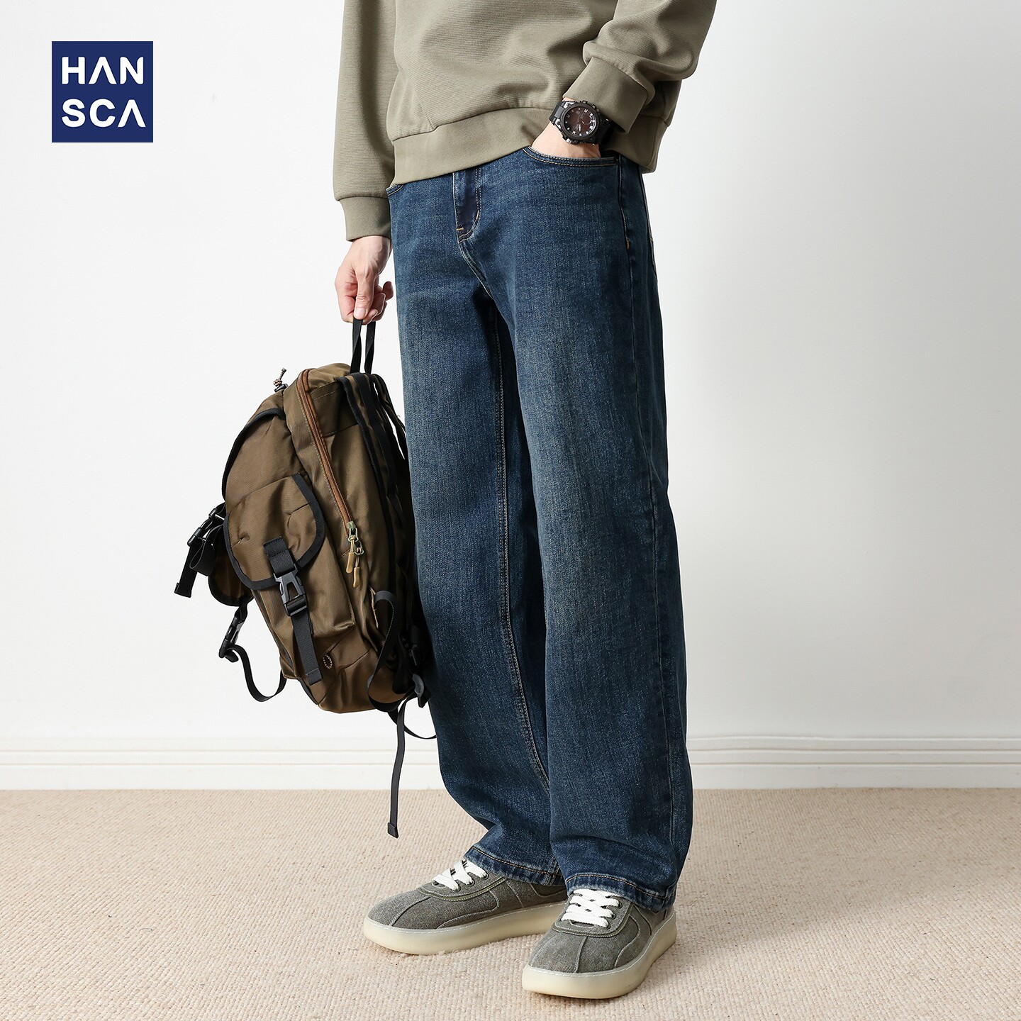 美式复古牛仔裤男宽松直筒阔腿裤