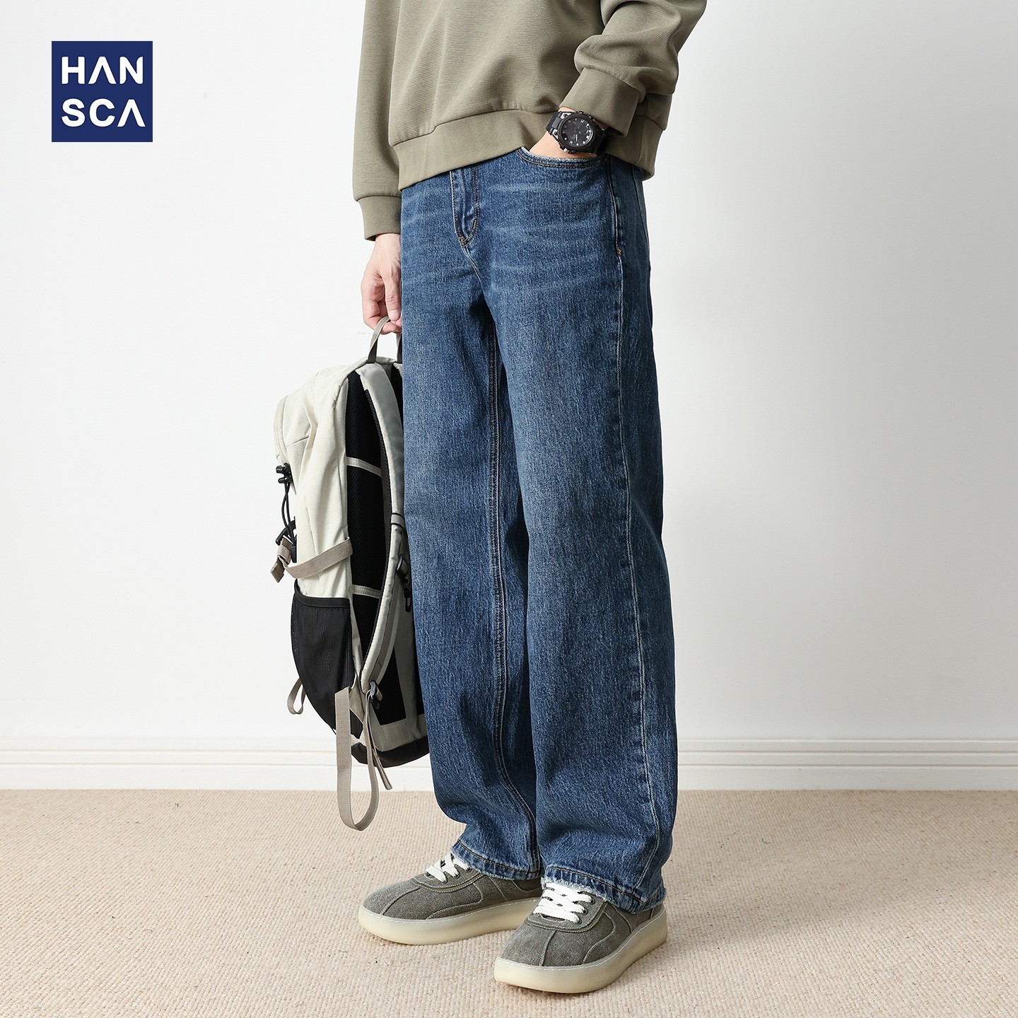 hansca水洗牛仔裤男款2025秋季美式复古青少年宽松直筒阔腿长裤子,男装,牛仔裤,淘宝优惠券,粉丝福利购,淘宝优惠卷