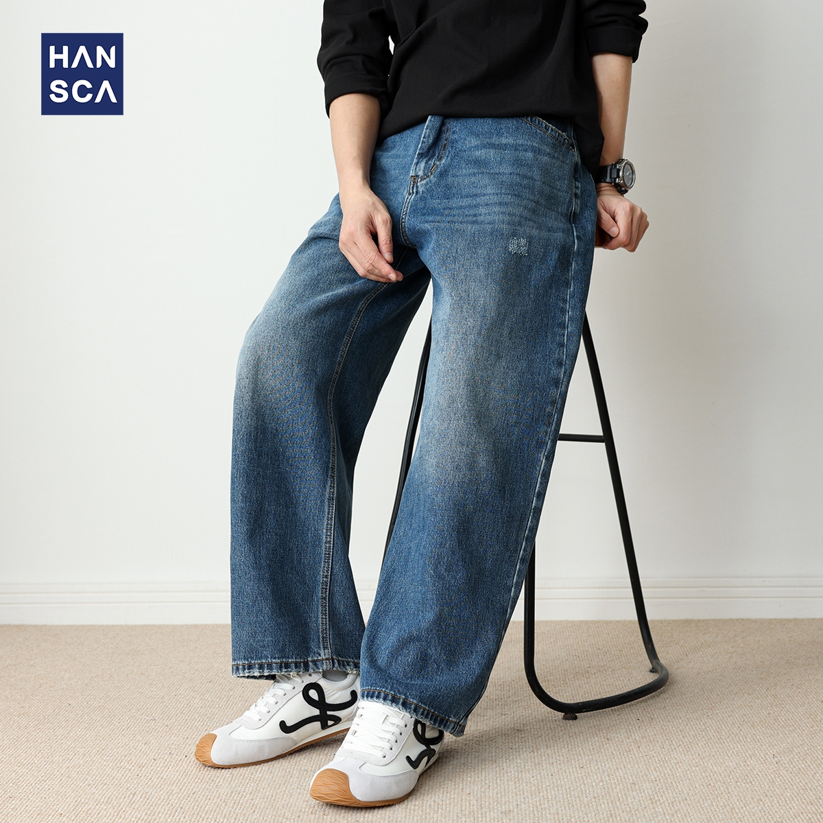 hansca444g重磅弯刀牛仔裤男2025秋季美式复古直筒宽松水洗长裤子