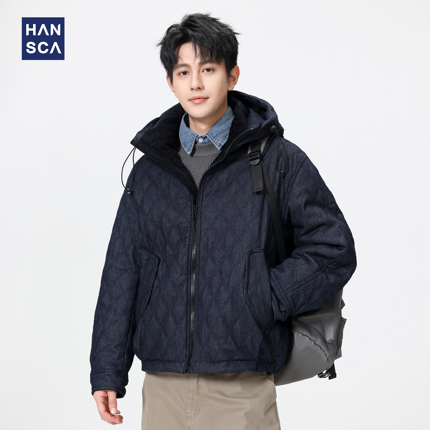 hansca90白鸭绒菱形格绗线羽绒服