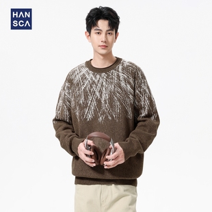 hansca550g重磅渐变撞色圆领毛衣男秋冬季 复古潮流加厚保暖针织衫