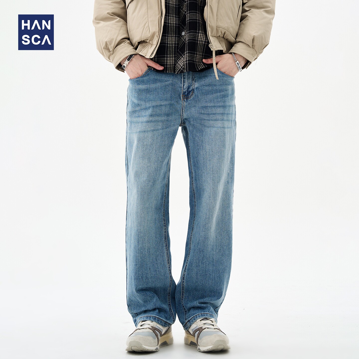 hansca482g精梳竹节棉浅蓝色直筒牛仔裤男2025新款男秋季宽松长裤