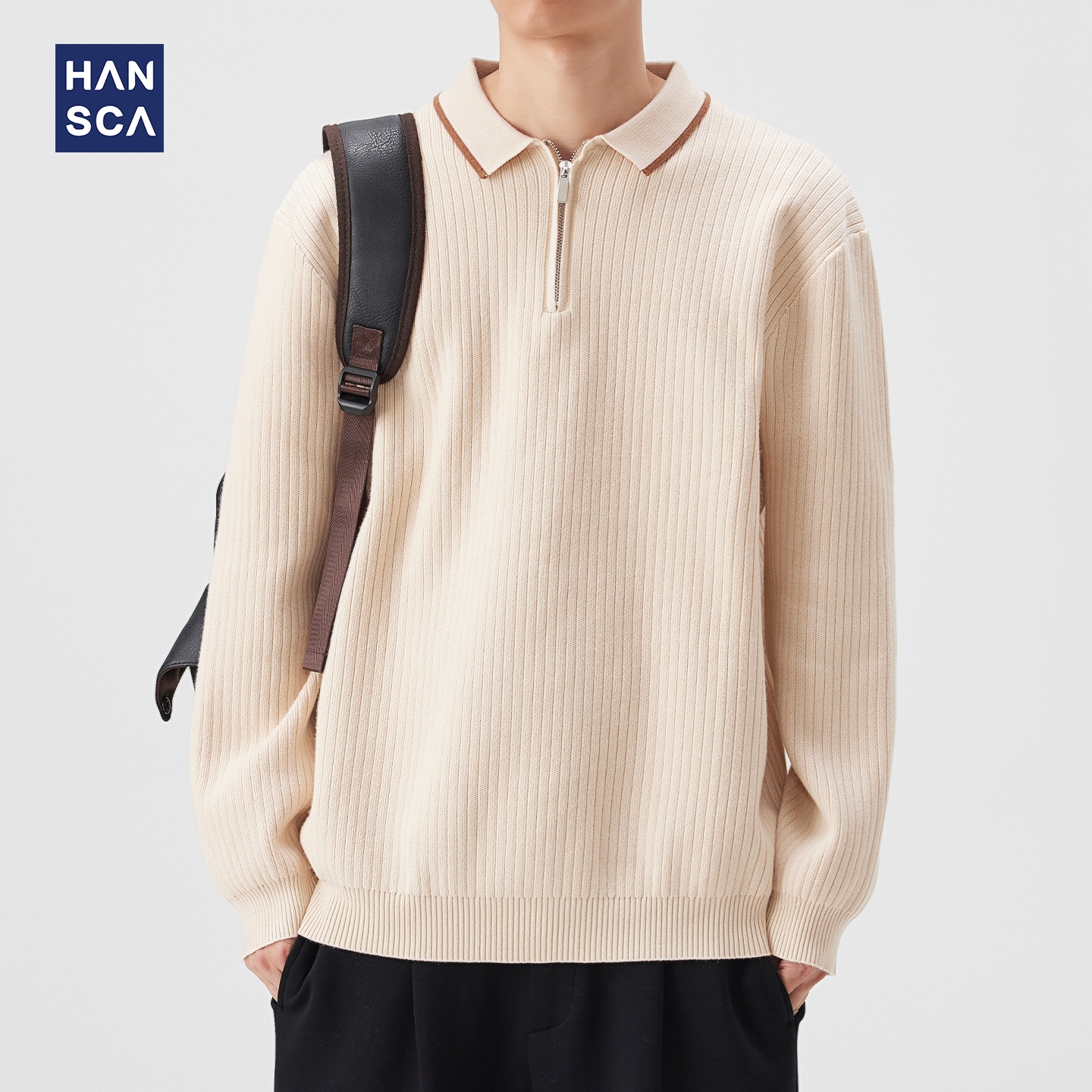 半拉链翻领毛衣男士宽松肌理感