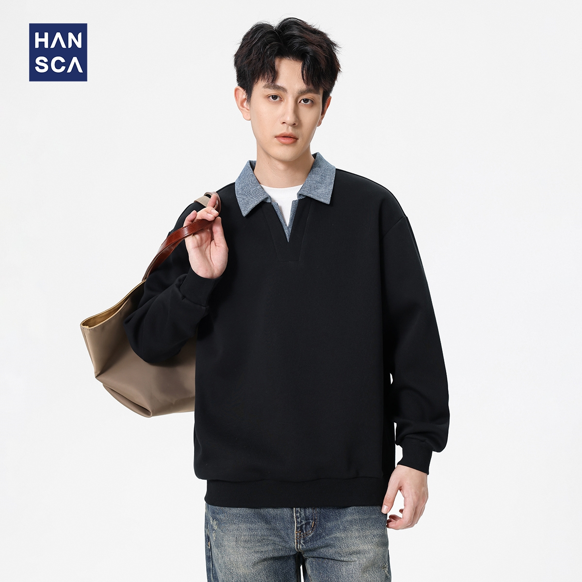 hansca复古假两件撞色polo领卫衣