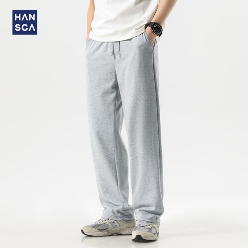 hansca垂感黑色卫裤男2026春夏薄款宽松直筒美式休闲阔腿运动长裤
