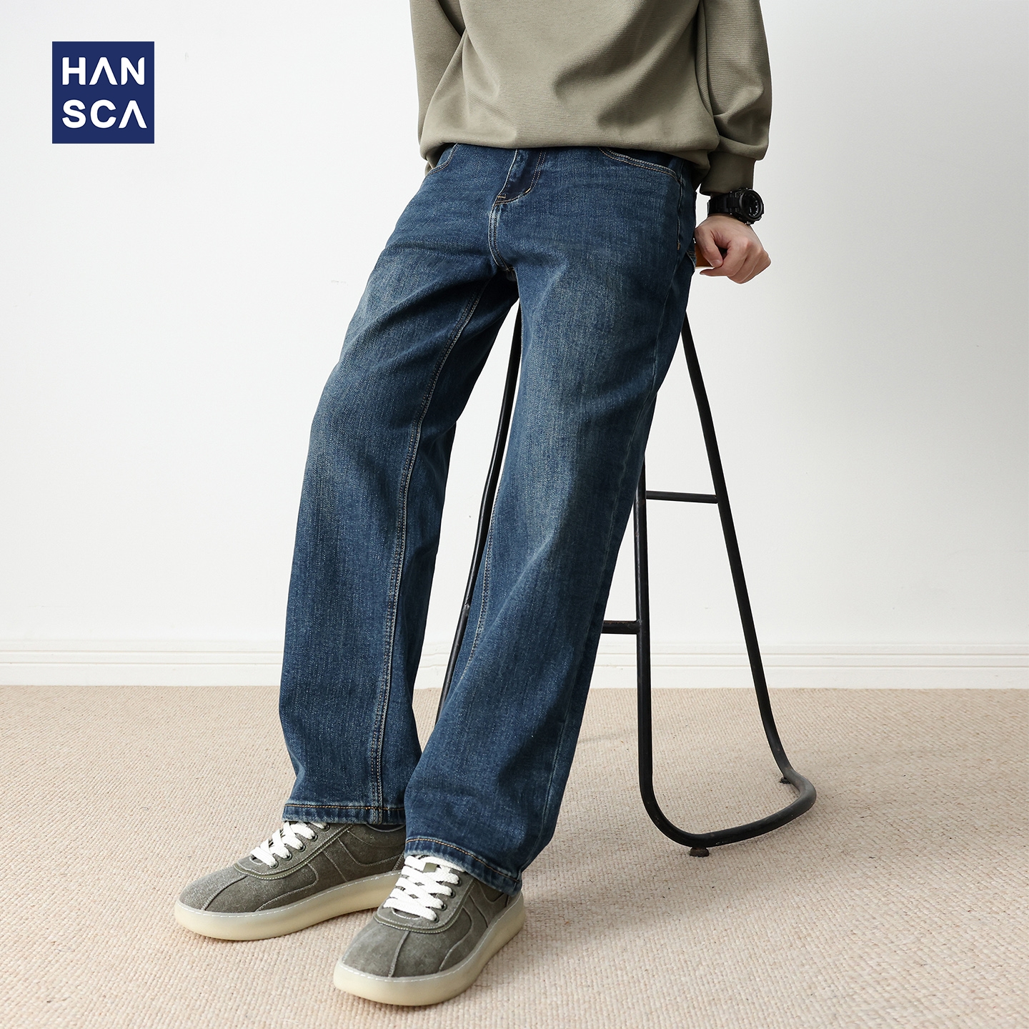 hansca530g重磅牛仔裤男潮牌2025秋季直筒宽松弹力大码休闲长裤子