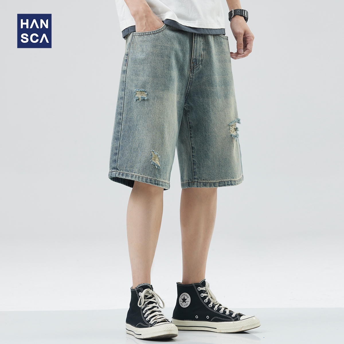 Hansca拉链五分裤夏季牛仔裤