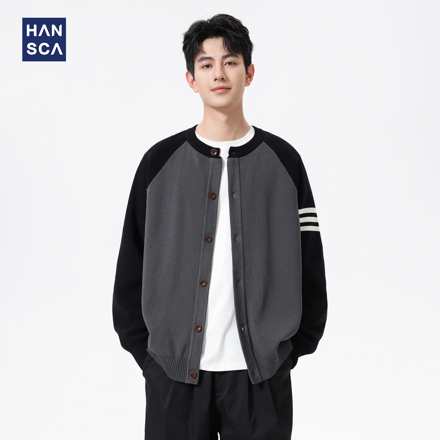 hansca680g三条杠撞色开衫毛衣男