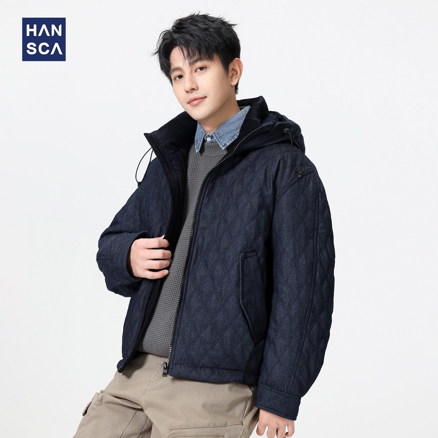 hansca冬季牛仔绗棉连帽羽绒服男