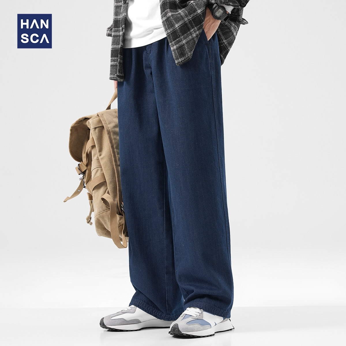 hansca藏青色直筒牛仔裤男秋季新