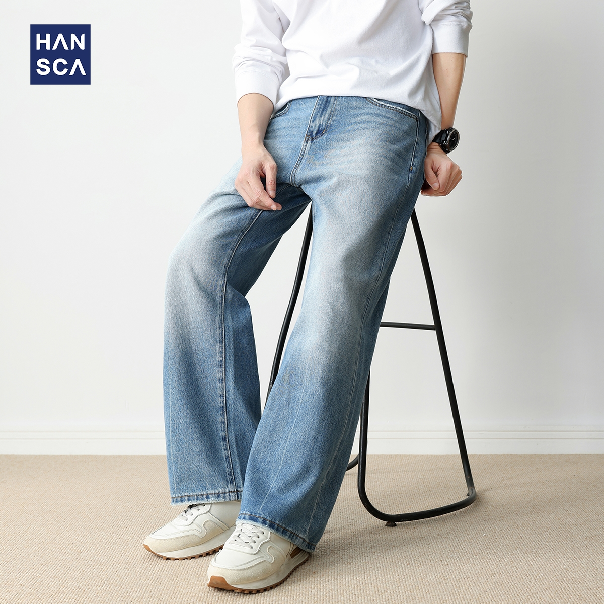 hansca420g重磅微喇牛仔裤男2025秋季浅蓝色直筒阔腿水洗大码长裤
