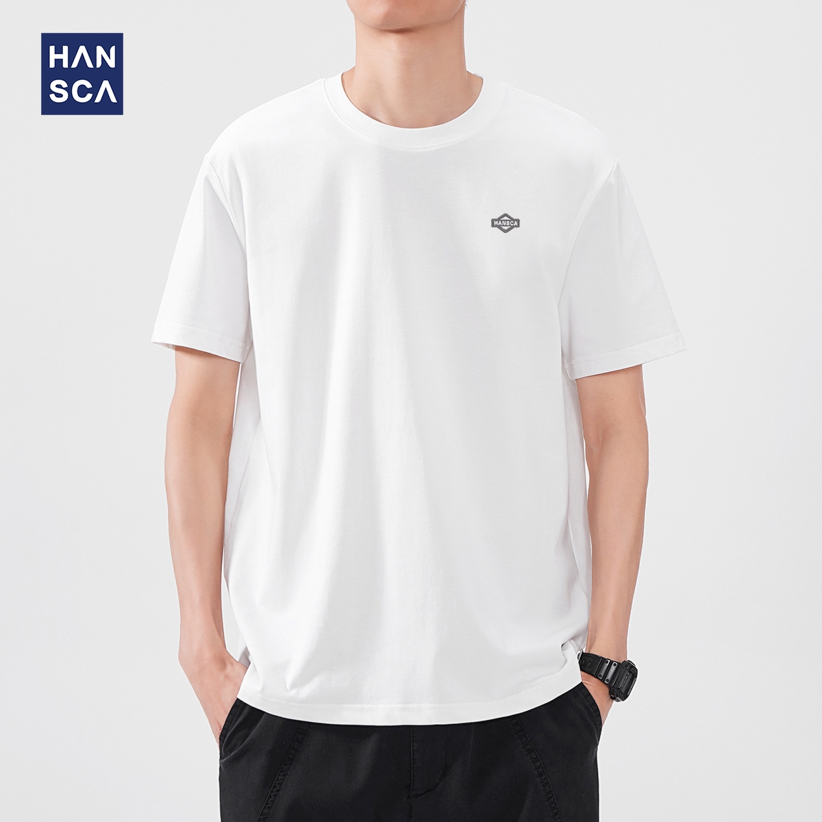 hansca40支双纱纯棉刺绣短袖T恤