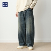 hansca444g重磅美式 子 直筒宽松水洗长裤 复古弯刀牛仔裤 男2025秋季