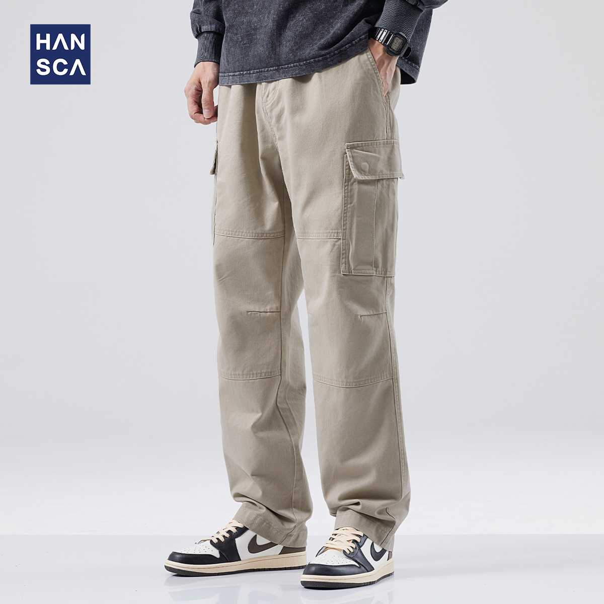 秋季纯棉多口袋工装裤男宽松直筒