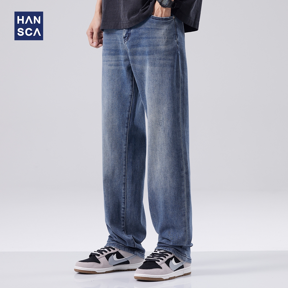 hansca深色弹力直筒牛仔裤男夏季