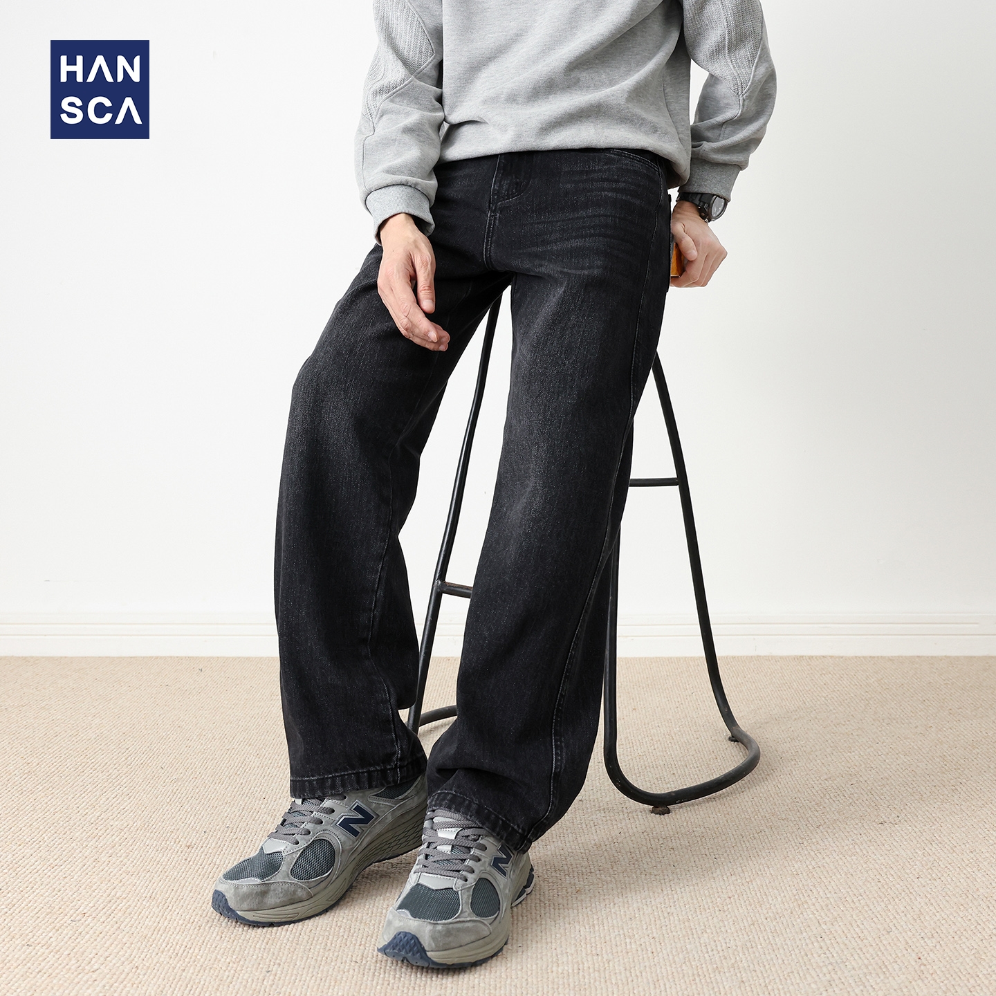 直筒阔腿宽松水洗黑色牛仔裤男