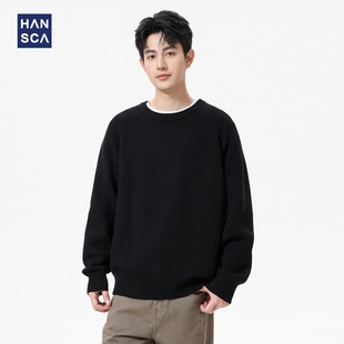 hansca620g重磅肌理感黑色圆领毛衣男秋冬季 外套 宽松慵懒风针织衫