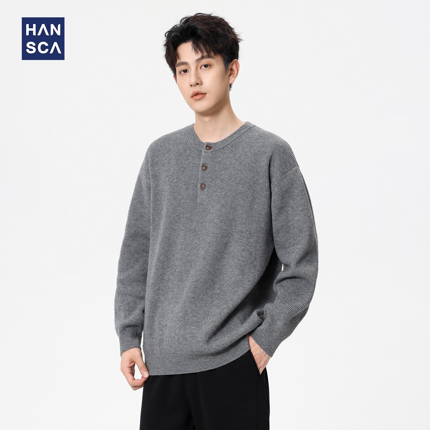 hansca复古色纺亨利领青少年灰色毛衣男宽松针织衫纯色慵懒风外套,男装,针织衫/毛衣,淘宝优惠券,粉丝福利购,淘宝优惠卷