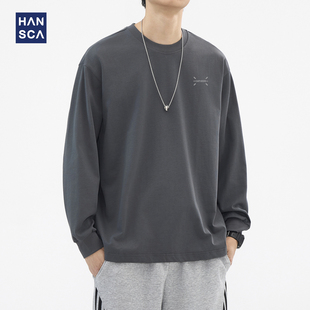 hansca305g高支高密精梳棉t恤男长袖春秋季宽松圆领刺绣休闲上衣