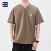 t恤男2025夏季 hansca 180g麻棉小珠地抗菌短袖 轻薄亨利领休闲上衣