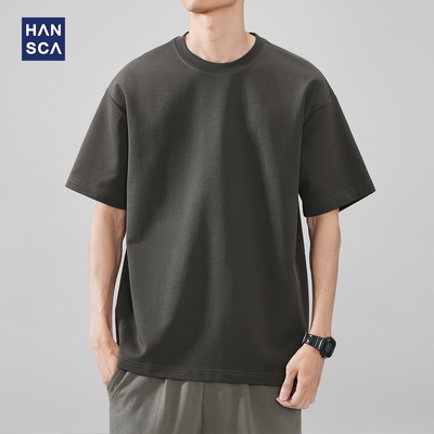 hansca双面长绒棉黑色短袖T恤男