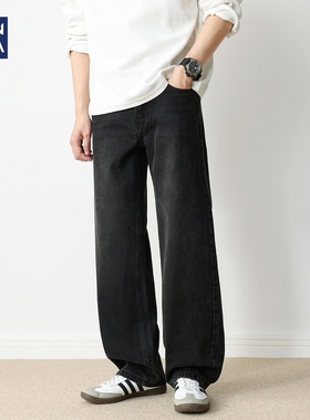 hansca440g重磅美式复古做旧牛仔裤男2025秋季黑色宽松直筒长裤子