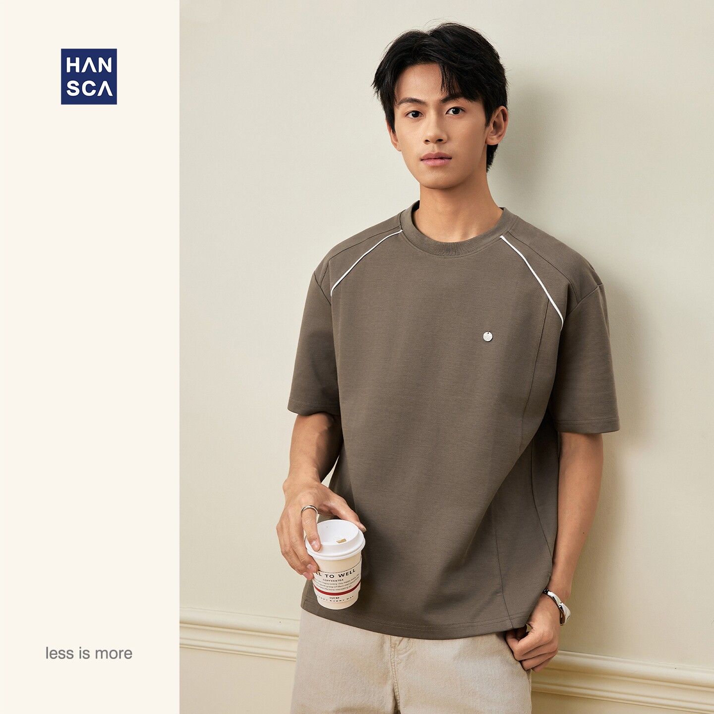 hansca230g夏季撞色拼接短袖t恤男士新款圆领半袖金属饰品打底衫